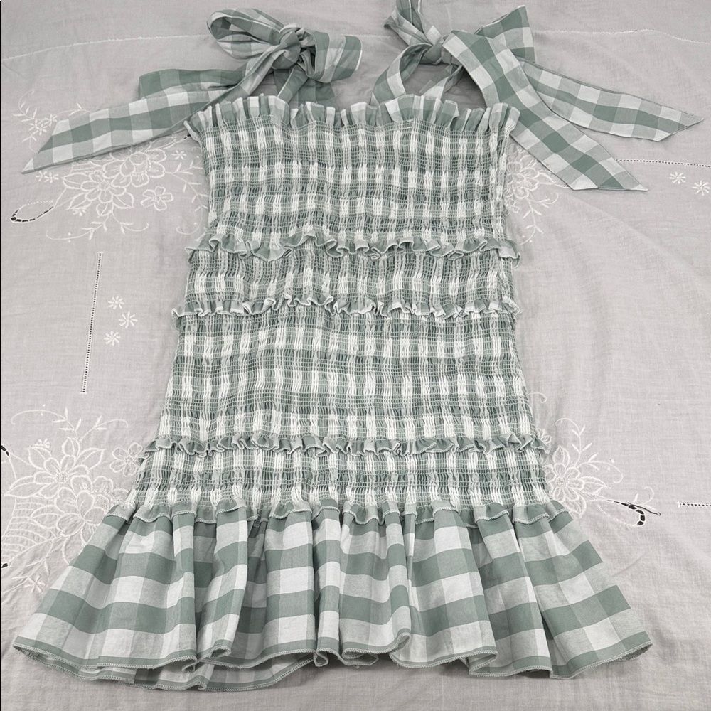 Mable Dress Wm Large Buffalocheck Plaid Smocked Mini Ruffle Tie Straps Green